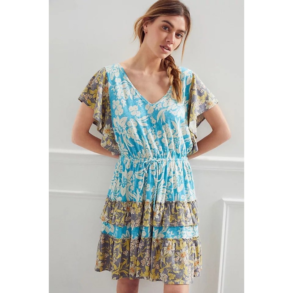 Daily Practice Anthropologie Floral Flutter Sleeve Tiered Mini Dress Blue Small